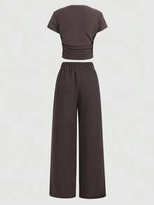 SHEIN 少女罗纹印花T恤和打底裤两件套，休闲日常时尚百搭