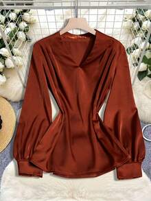GlowEve Elegant French Style Loose V-Neck Pleated Lantern Sleeve Satin Blouse, Versatile Casual Shirt For Women, Suitable For Autumn Daily Wear And Holidays - Brown - View 4