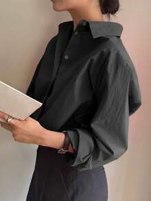 DAZY 女士纯色单排扣休闲日常长袖黑色衬衫