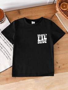 小男孩“Daddy's Lil Dude”字母印花圆领短袖黑色T恤，适合父亲节 - 黑色 - 查看 3