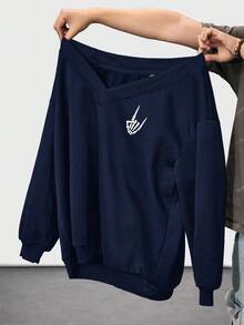 SHEIN CURVE+ 女式加大码 V 领骷髅手指花卉印花黑色加大码宽松羊毛运动衫冬季秋季秋冬 - 藏蓝色 - 查看 3