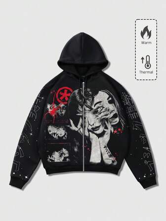 Anime Men's Japan Style Street Dark Figure Print Hoodie Sweatshirt
