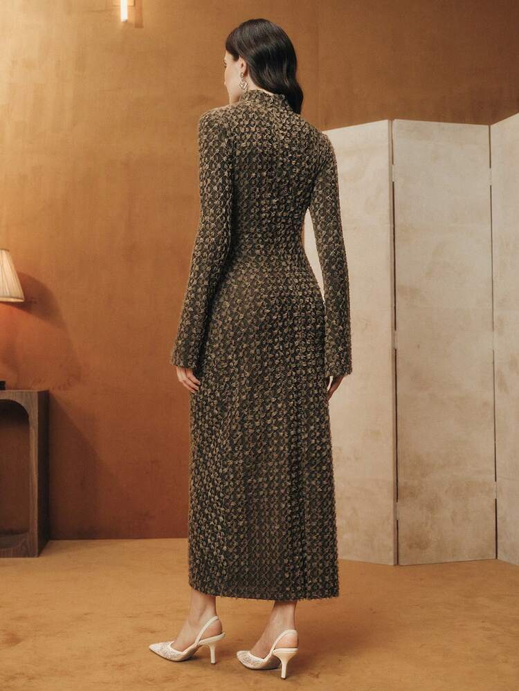 Vestido maxi ajustado de manga larga con cuello alto de encaje y terciopelo con estampado floral, adecuado para Año Nuevo, fiestas, elegante, chic, estiloso, casual, trabajo, salidas, Acción de Gracias, graduación