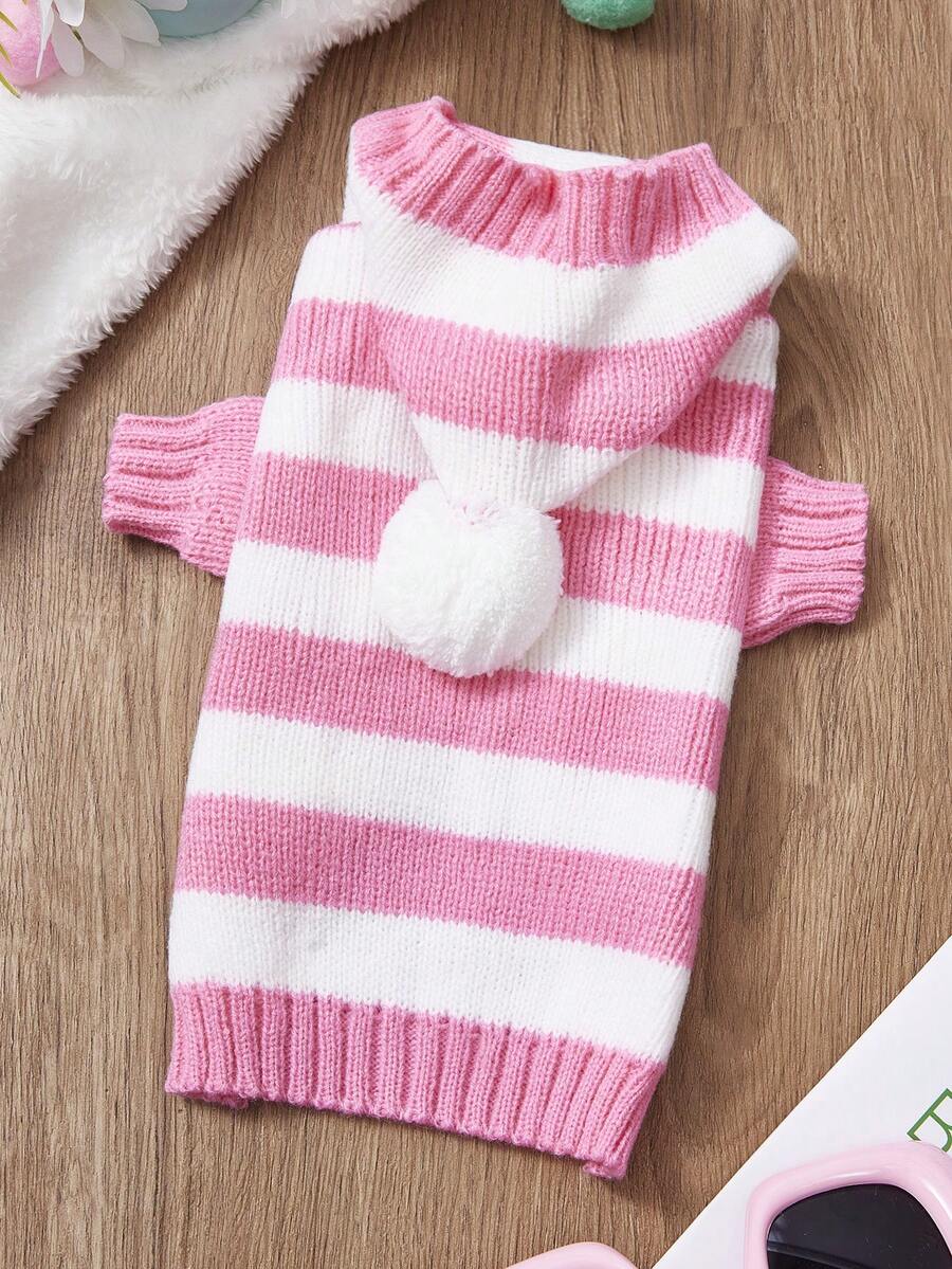 PETSIN 1pc Pink Stripe Cute Warm Thick Autumn/Winter Knitted Pet Hooded Sweater Christmas Style Striped Pet Thick Hooded Clothes - Pink - View 1