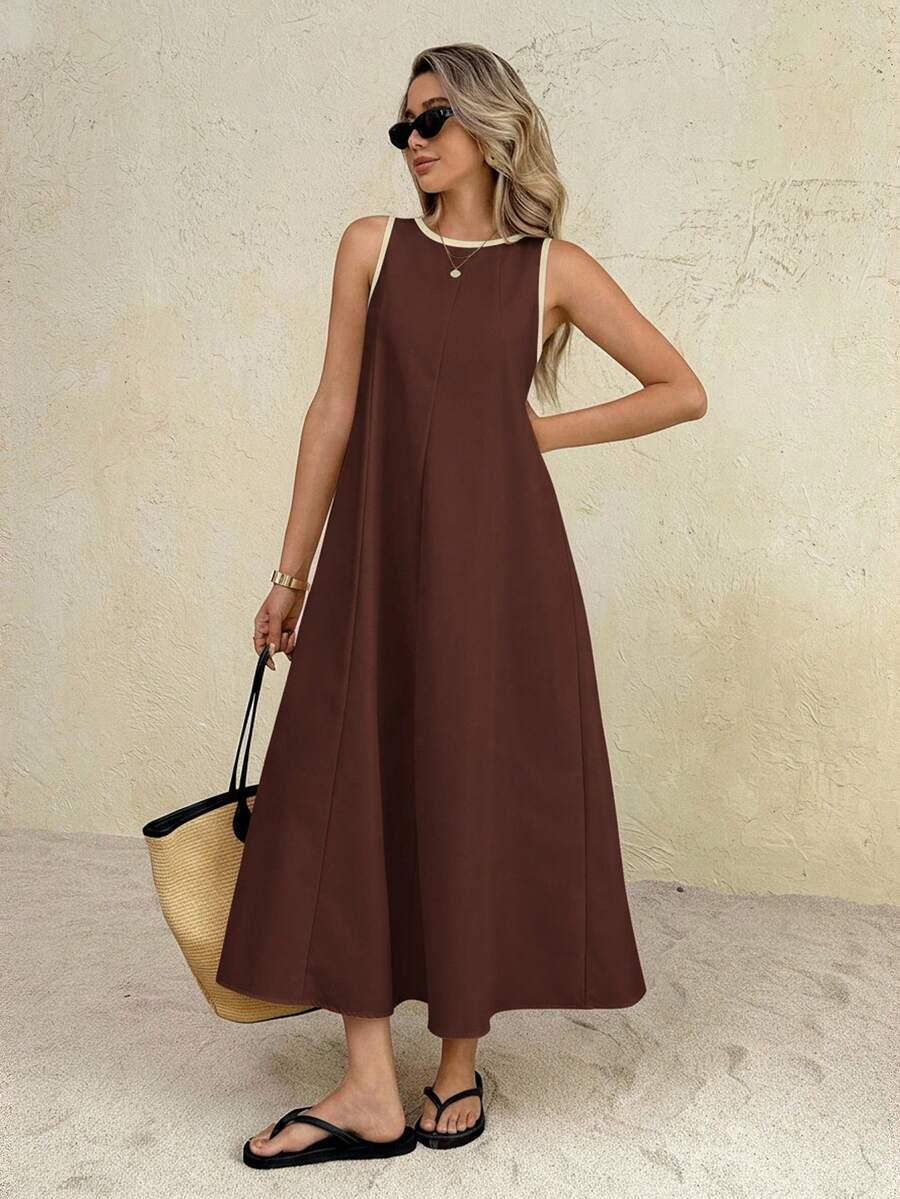 SHEIN Frenchy Women's Casual Loose Sleeveless Round Neck Long Dress Summer Brown Casual Long Dress Brown Elegant Dress Women Brown Summer Dress Beach - Brown - View 1