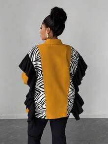 Maweii 大码秋季休闲拼接斑马纹荷叶边前开襟衬衫 - 黃色 - 查看 4