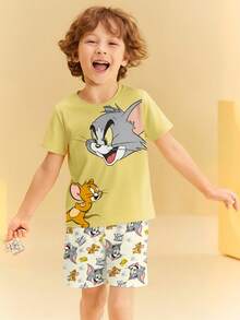 TOM & JERRY X SHEIN Young Boy Cartoon Pattern Round Neck Short Sleeve T-Shirt And Shorts Set, Summer - White - View 3