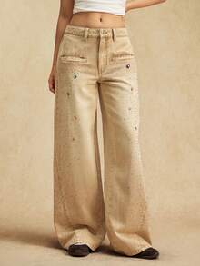 Easelle Quần jeans ống rộng dáng rộng thiết kế gợi cảm dành cho nữ, phong cách thoải mái - Màu Khaki - Xem 3