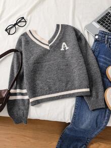 SHEIN Teenage Girls' Casual Knit Sweater,Grey Color Block V-Neck Pullover,Back-To-School Style,Autumn Holiday School Uniform Girl Jumper Tween Sweatshirts - Grey - View 1