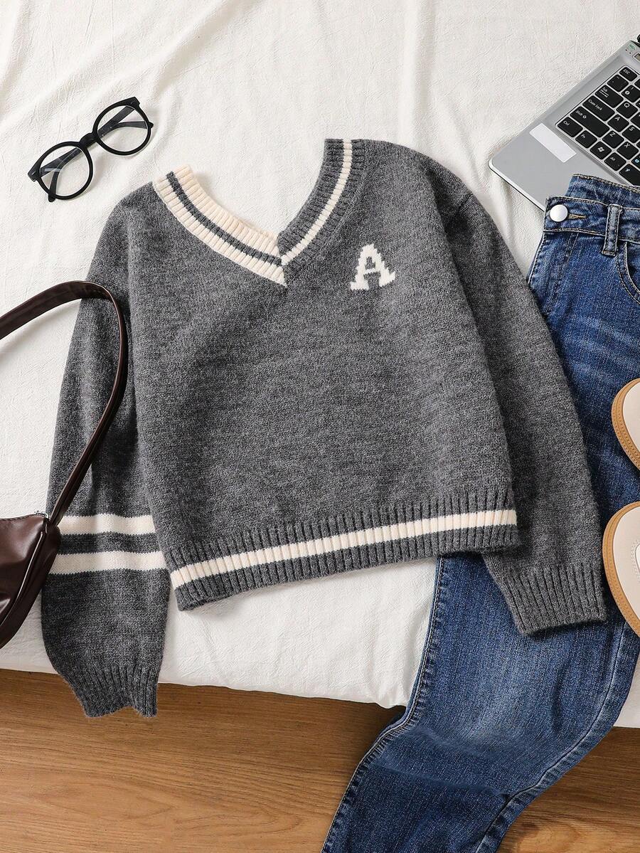 SHEIN Teenage Girls' Casual Knit Sweater,Grey Color Block V-Neck Pullover,Back-To-School Style,Autumn Holiday School Uniform Girl Jumper Tween Sweatshirts - Grey - View 1