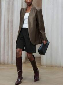 Aveloria Modichic 女士宽松酒红色复古纹理PU无领极简设计西装外套，秋冬欧美高端系列 - 綠色 - 查看 3