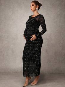 MaterniChic Elegant Contrast Mesh Rhinestone Embellished Long Sleeve Bodycon Maternity Dress, Autumn - Black - View 3