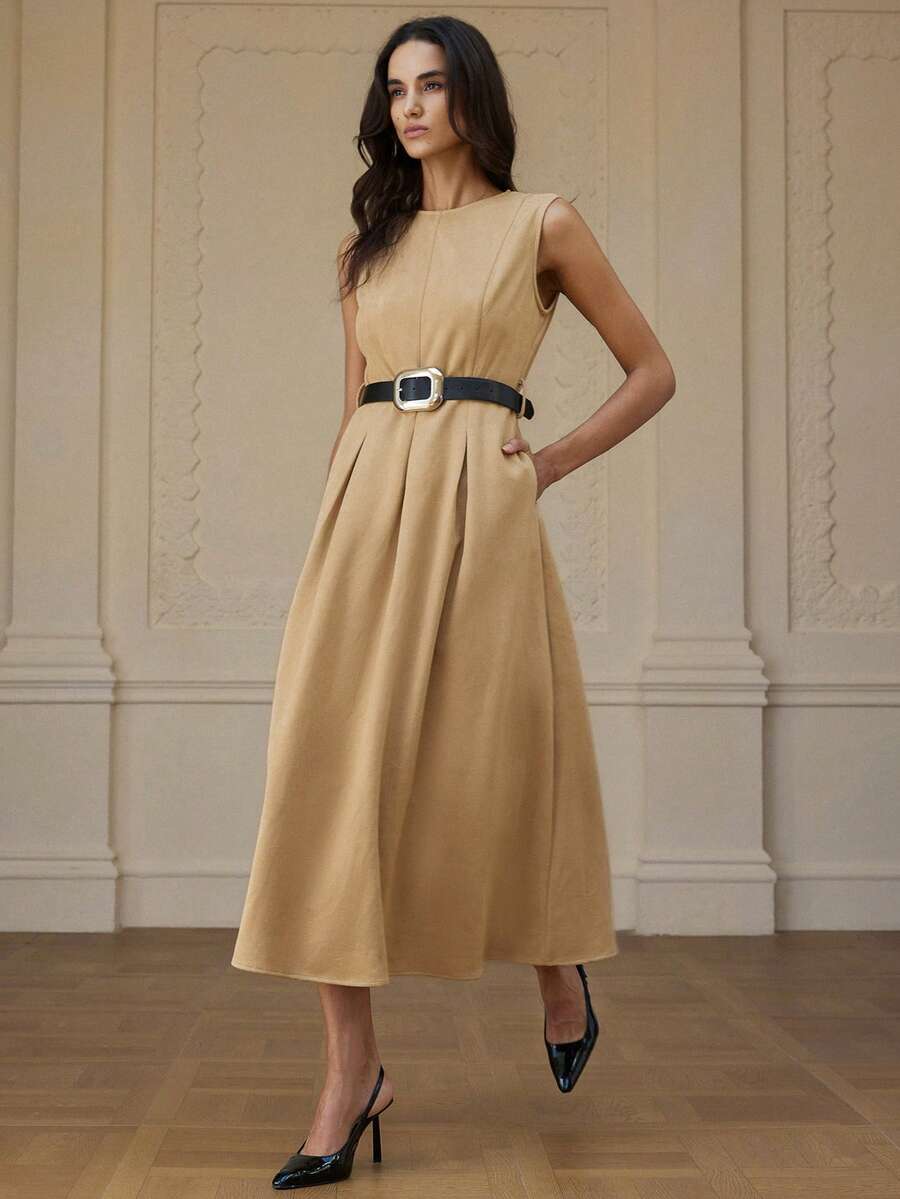 GENKIRA Suede Fabric Autumn/Winter , PU Leather Belt Waist Decor, Commuting Design Sense, Minimalist Fashionable Elegant Versatile Long Dress - Khaki - View 1