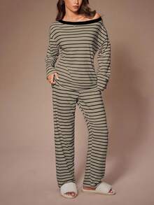 Lazeform Striped Print Casual Asymmetrical Shoulder Women Pajama Set Striped Pajama Set - Multicolor - View 7