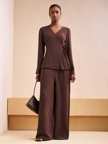 Zivah 2025 Early Autumn Winter New Style, Daily Dating, Commuting, Business, Lady Elegance, Beach, Cruise, Party, Simple, Popular, Birthday Party, Party High-End, Small Stand-Up Collar, Sleeveless, Umbrella Skirt, Maxi Skirt, Gold Silk Material Round Neck Long-Sleeved Top A-Line Skirt Military Green Women's Two Pieces Suit-A - Dark Green - View 1