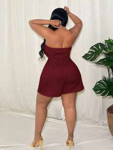 Slaydiva Plus Size Women's Casual Vacation Daily Fitted Solid Red Tube Decorative Rope Knit Texture Romper - Burgundy - View 3