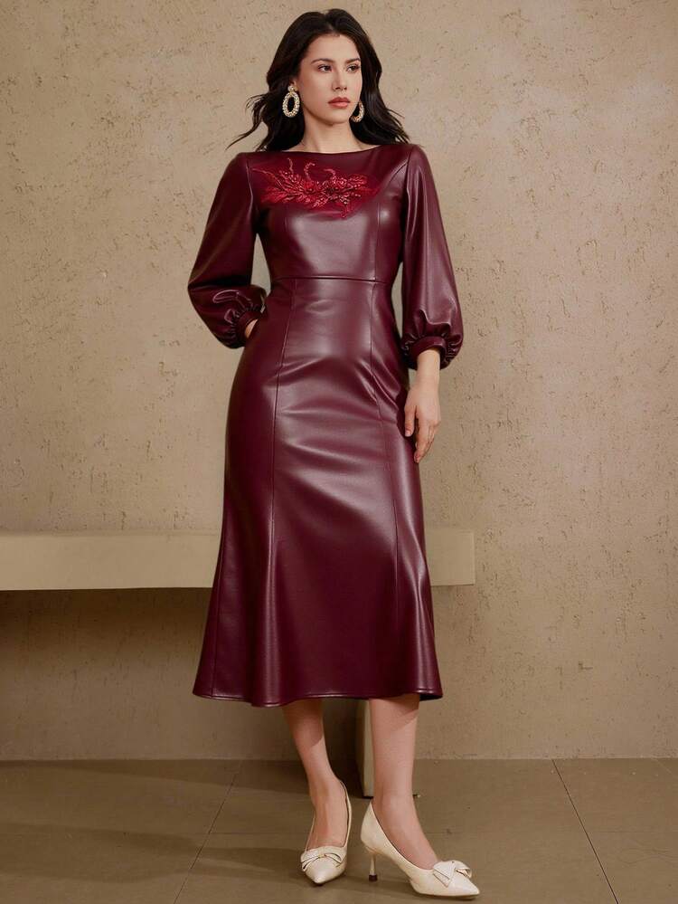 Women's Elegant PU Leather 3D Floral Decor Lantern Sleeve Fishtail Midi Dress, Autumn/Winter Christmas New Year