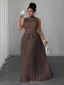 Maweii Plus Size Women Stand Collar Sleeveless Pleated Lace Ruched Waist Dress - Brown - View 1
