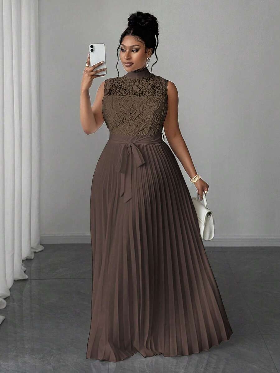 Maweii Plus Size Women Stand Collar Sleeveless Pleated Lace Ruched Waist Dress - Brown - View 1