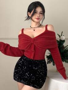 DAZY 女士优雅纯色露肩蝴蝶结针织毛衣，秋冬圣诞款 - 酒紅色 - 查看 3