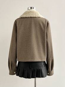 Sweetra Women's Halloween Costume New Style, Suitable For New Year Party, Commute, Daily, Travel, Vacation, Brown Jacket With Lapel, Shearling Patchwork, Houndstooth Short Jacket, Spring, Autumn, Winter