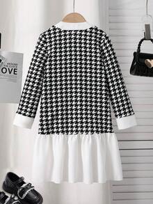 1pc Young Girl's Gentle Minimalist Black & White Houndstooth Patchwork Faux Pearl Button Splice White Hem Long Sleeve Dress, Spring/Autumn - Multicolor - View 2