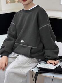 DAZY Tween Boy Letter Graphic Crew Neck Dropped Shoulder Loose Fit Sweatshirt Spring - Dark Grey - View 7