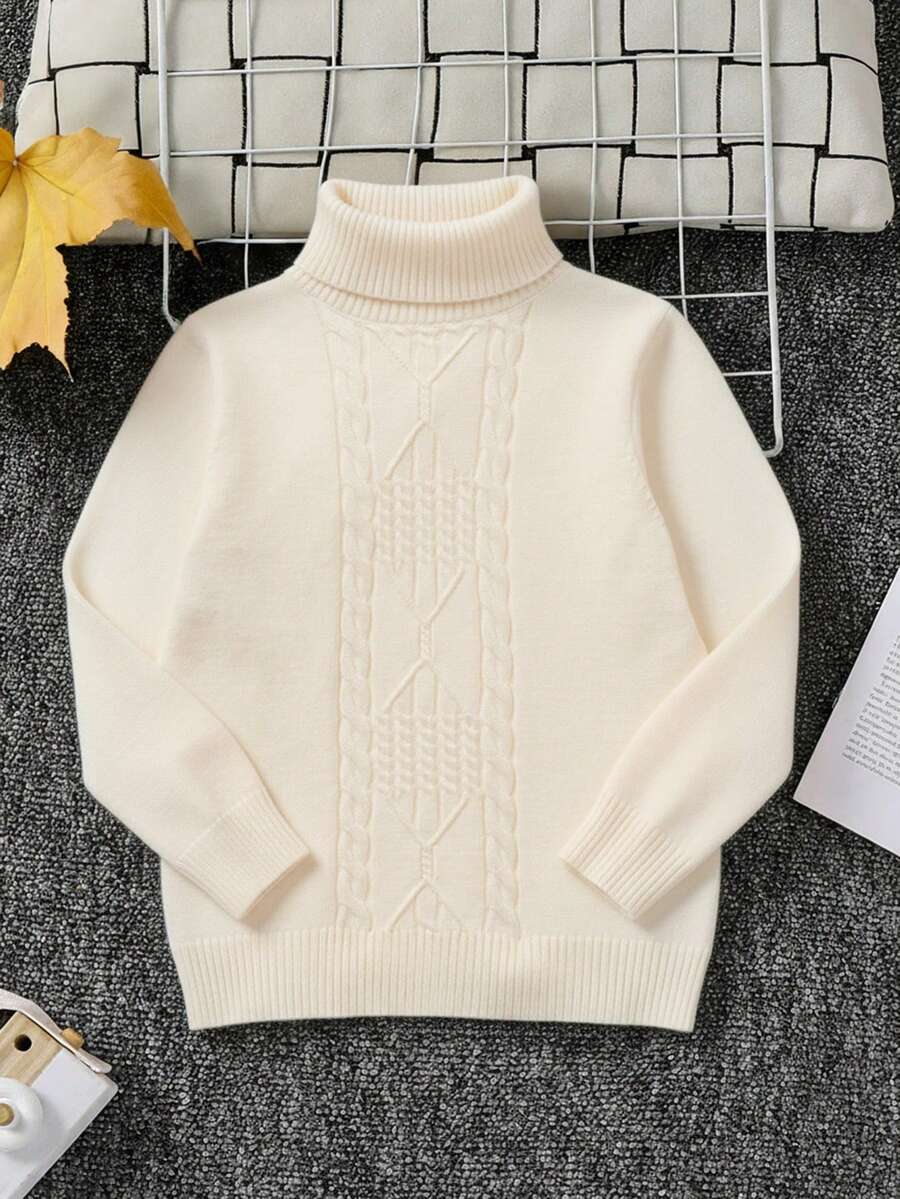 1件男童休闲舒适纯色宽松高领毛衣，可作内搭或外穿 - 杏色 - 查看 1