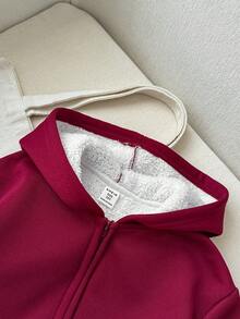 SHEIN 少女休闲舒适简约针织连帽长袖衫，适合外出、上学、日常聚会、秋冬季穿着。 - 酒紅色 - 查看 3