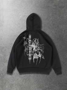 ROMWE MEN Men's Y2K Anime Dark Graphic Print Hoodie Set - Black - View 7