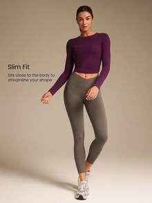 GLOWMODE FeatherFit™ Twist And Flow Crewneck Twisted Back Thumbholes Built-In Bra Long-Sleeve Top Low-Impact Yoga Pilates Barre Gym Studio Daily Casual Wear - Bold Plum - View 3
