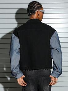 PAVTROS 男士牛仔拼接宽松短袖长袖夹克街头风拉链短款夹克 - 深色水洗藍 - 查看 3