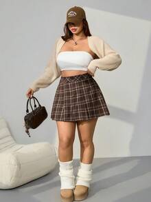 SHEIN EZwear 复古格纹印花休闲纽扣、褶皱、拉链大码迷你裙，秋冬 - 棕色 - 查看 10