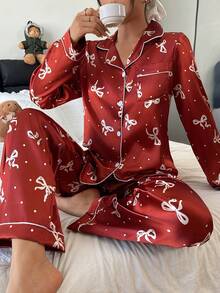 蝴蝶结波点仿丝绸女士长袖睡衣套装 - 紅色 - 查看 7