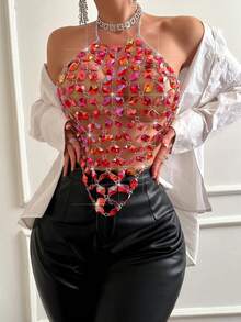 VaVaBold Women's Diamond Detail Halter Top Graphic Tees Women Tops - Red - View 4