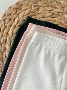 SHEIN 4条装新生女婴纯色针织弹力腰裤，适合秋冬季穿着 - 彩色 - 查看 4