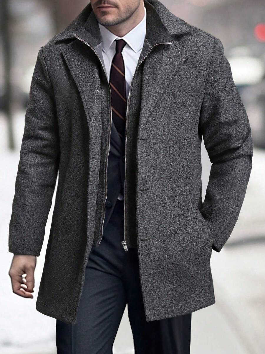 Manfinity Mode 男士纯色长袖休闲羊毛混纺夹克，双排扣设计，秋冬季 - 深灰色 - 查看 1