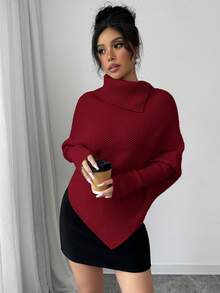 Elenzga 女士经典不对称蝙蝠袖纯色高领针织毛衣，时尚百搭，适合假日和度假穿着 - 紅色 - 查看 5