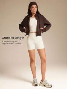 GLOWMODE Fleece Cozy Soft Ribbed Cuffs Hem Thumbholes Detachable Hood Cropped Zip-Up Sweatshirt Daily Casual Wear Fall Winter - Brown - View 3