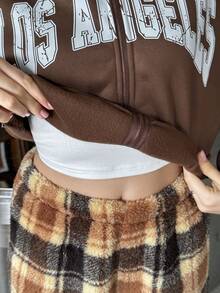 2件套青少年女孩拉链连帽运动衫和休闲宽松运动裤套装 - 棕色 - 查看 7