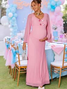 Loomaby Elegant Pink Autumn Pregnant Maternity Dress,Solid Color Flare Sleeve Bow Decor Baby Shower Dress,Gender Reveal Breastfeeding Gown For Photoshoot - Pink - View 3