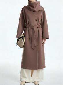 Aalyst 女士休闲长袖口袋收腰可拆卸领口设计直筒羊毛混纺大衣 - 咖啡棕 - 查看 3