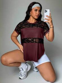 Rhythm Era 女士休闲网眼拼接短袖运动T恤 - 酒紅色 - 查看 1