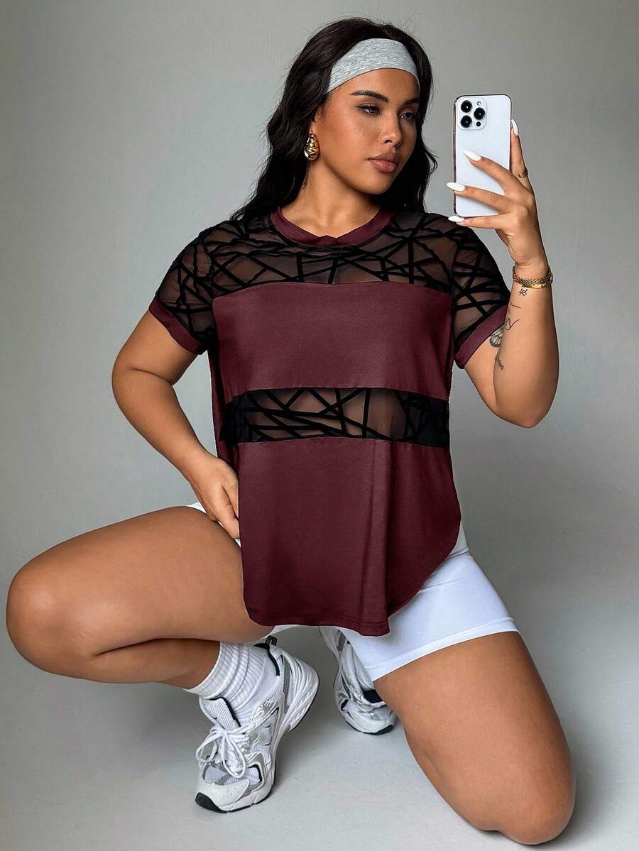 Rhythm Era 女士休闲网眼拼接短袖运动T恤 - 酒紅色 - 查看 1