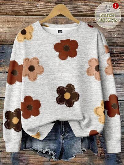 EMERY ROSE Floral Pattern Casual Loose Fit Crew Neck Plus Size Sweatshirt For Women, Suitable For Back To School, Teacher's Day, Halloween, Christmas, Autumn/Winter