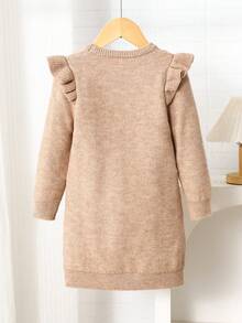 LMoss Kids Young Girl Pink Crew Neck Long Sleeve Patchwork Ruffle Textured Knit Sweater Dress,Autumn Holiday Casual Daily Wear Warmth Autumn/Winter - Khaki - View 2
