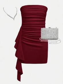 SHEIN Girlism 纯色针织荷叶边饰褶饰优雅时尚派对抹胸连衣裙，适合少女的新年夜服装 - 酒紅色 - 查看 1