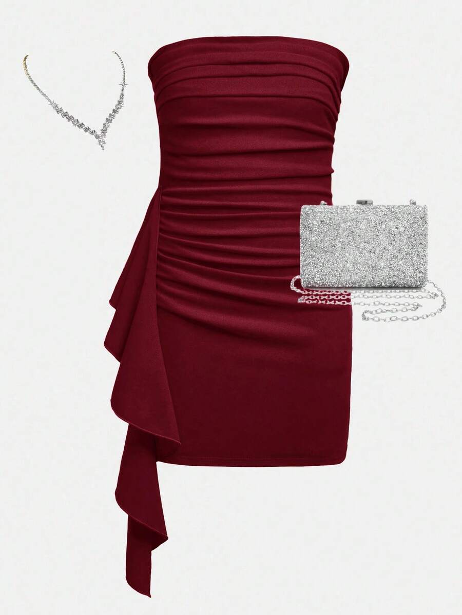 SHEIN Girlism 纯色针织荷叶边饰褶饰优雅时尚派对抹胸连衣裙,适合少女的新年夜服装 - 酒紅色 - 查看 1