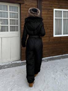 SHEIN EZwear White Fuzzy Hat & Thick Jumpsuit For Women, Suitable For Playing In Snow In Autumn/Winter,Fall,Fall Clothes For Women - Black - View 2