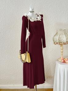 Feyla Vestido de Malha Ajustado com Decoração Floral Vestido Tipo Suéter em Linha A para Outono/Inverno - Vinho - Visão 4